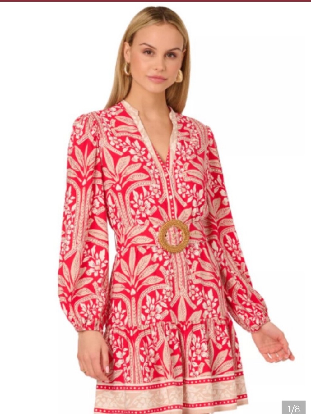 Adrianna Papell Red and Ivory Palm-Print Mini Dress NWT